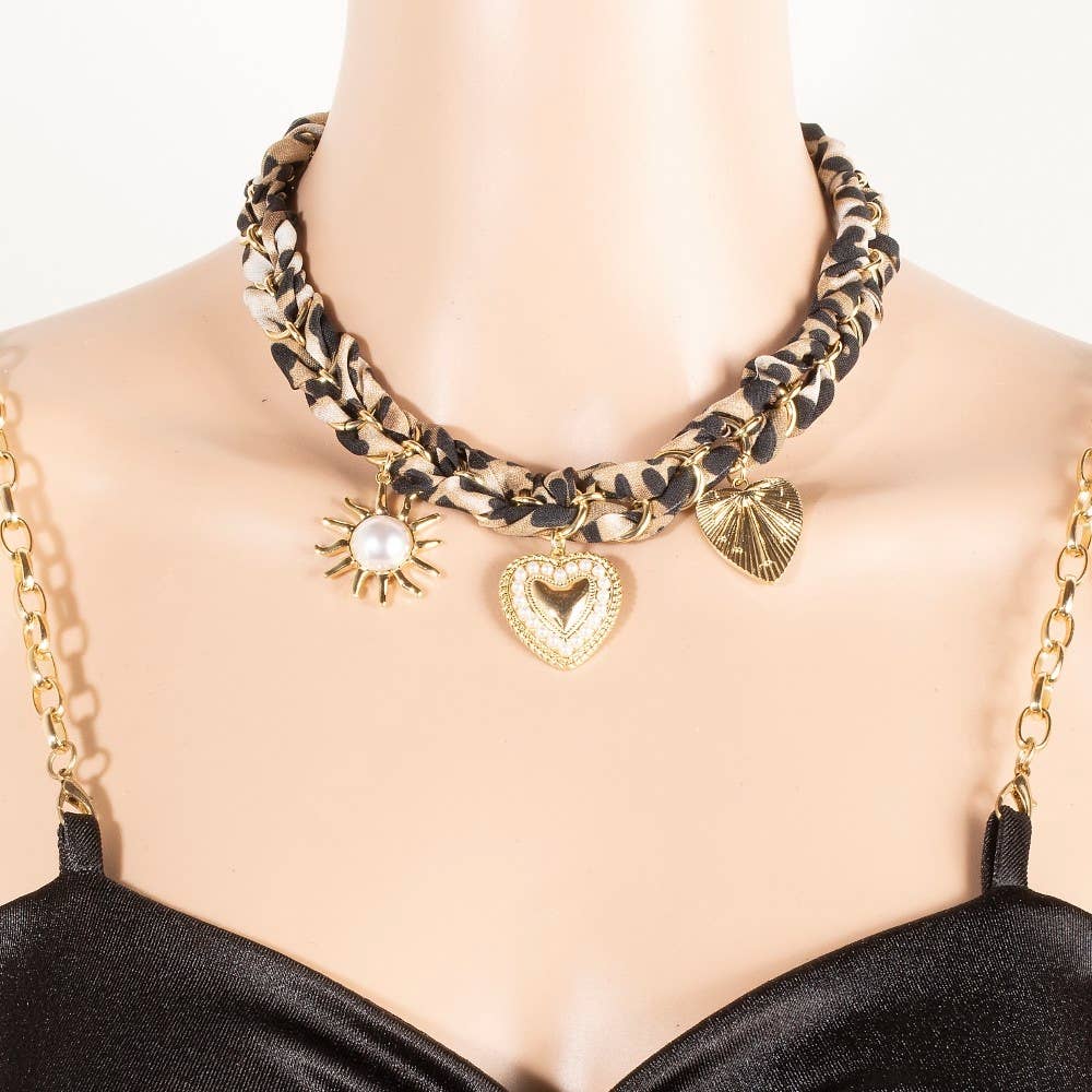 Pearl Studded Heart And Sun Charms Leopard Braided Bandana Necklace, Brown