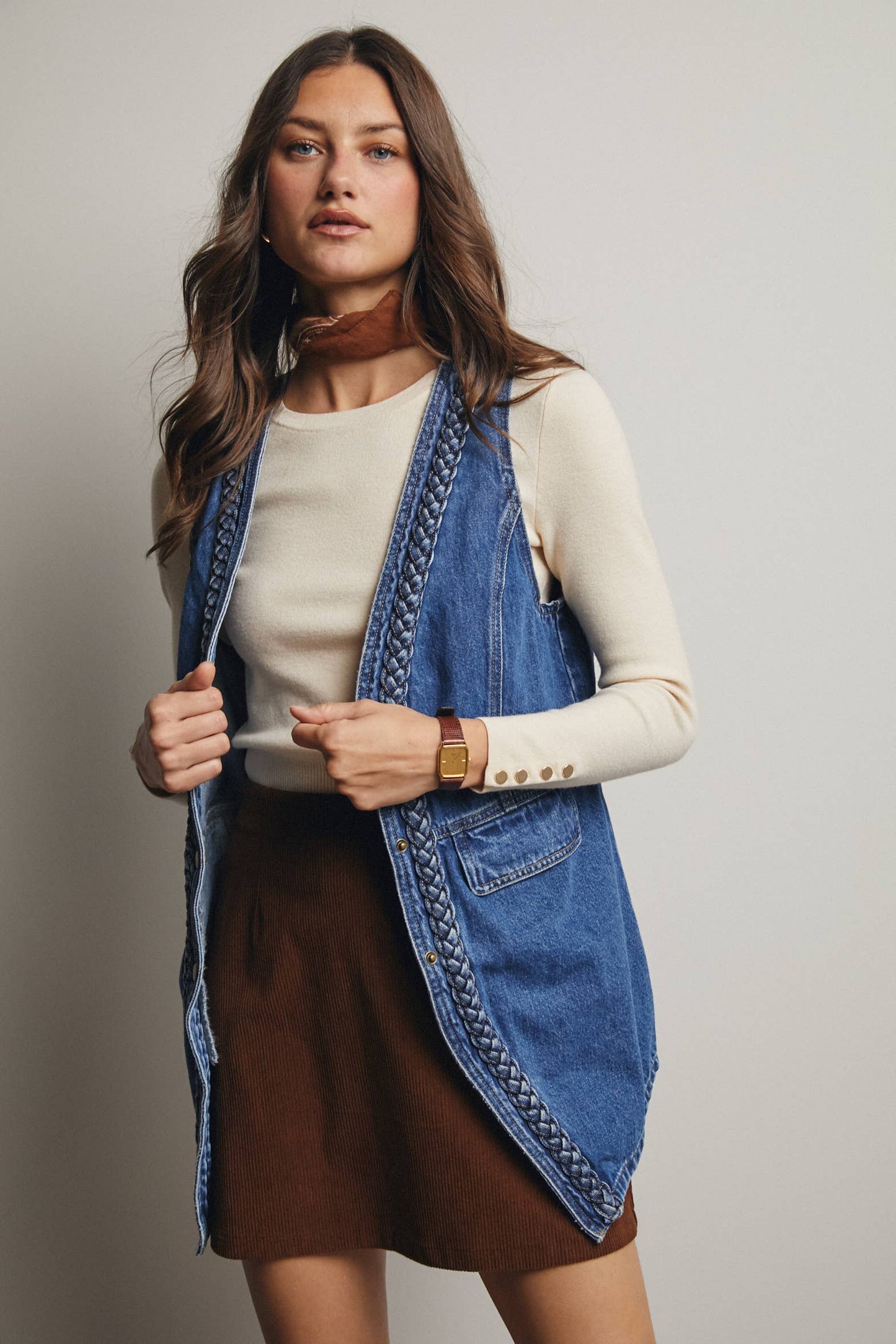 Meet Me There Braided Trim Denim Vest, Blue Haze
