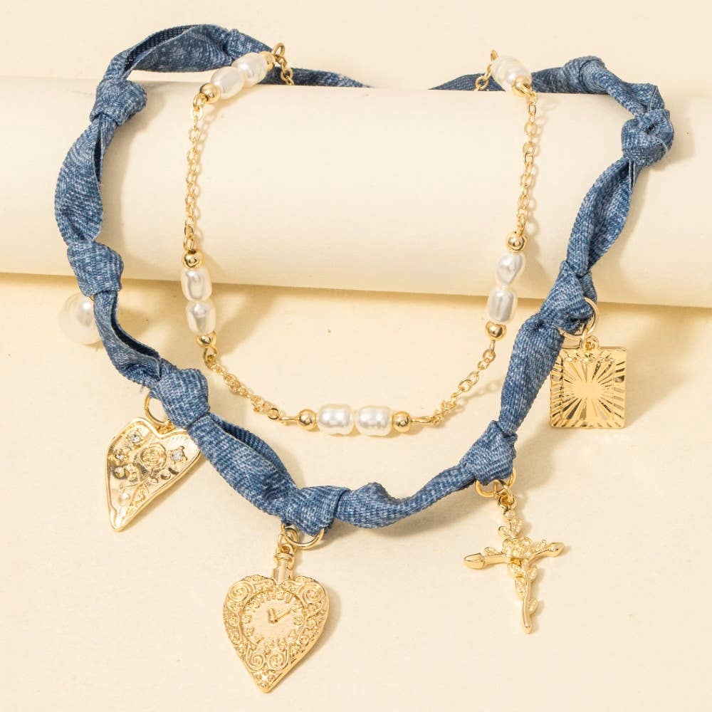 Paisley Denim And Assorted Charms Chain Layered Necklace, Gold