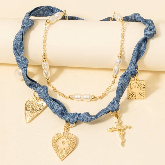 Paisley Denim And Assorted Charms Chain Layered Necklace, Gold