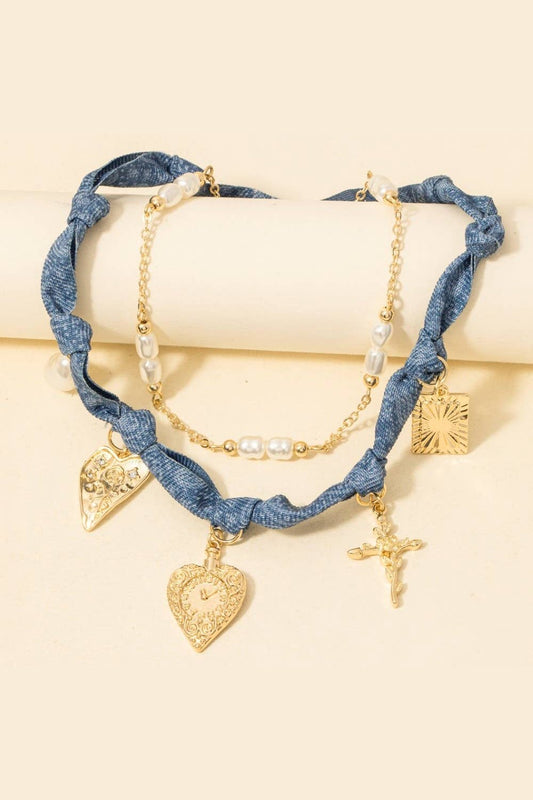 Paisley Denim And Assorted Charms Chain Layered Necklace, Gold
