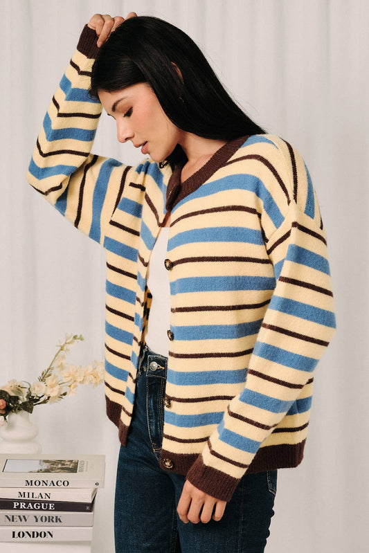 Don't Dream It's Over Striped Button Down Sweater Cardigan, Lemon/Multi