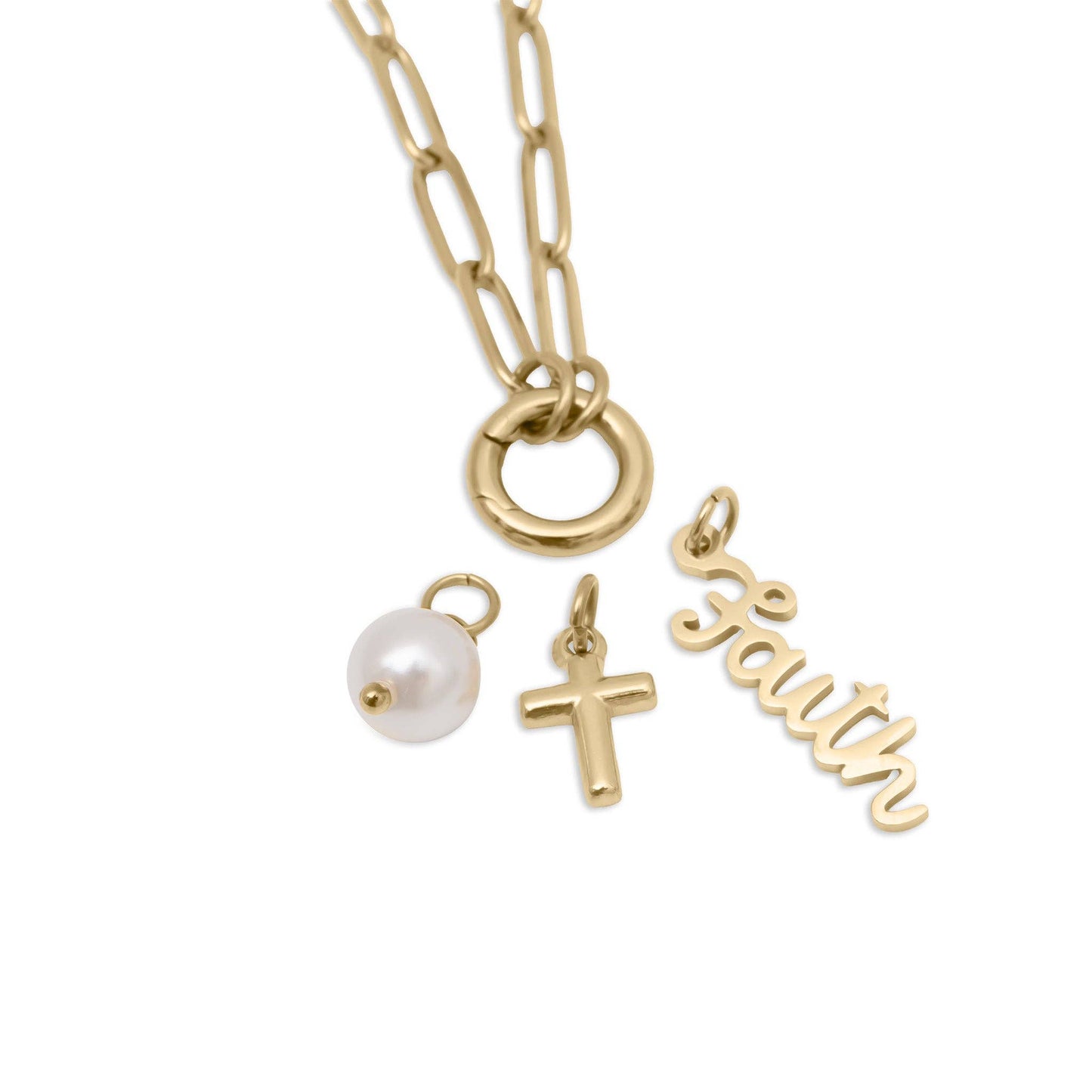 Just Have Faith 18K Gold Plated Stainless Steel Charm Holder Necklace Set, Gold