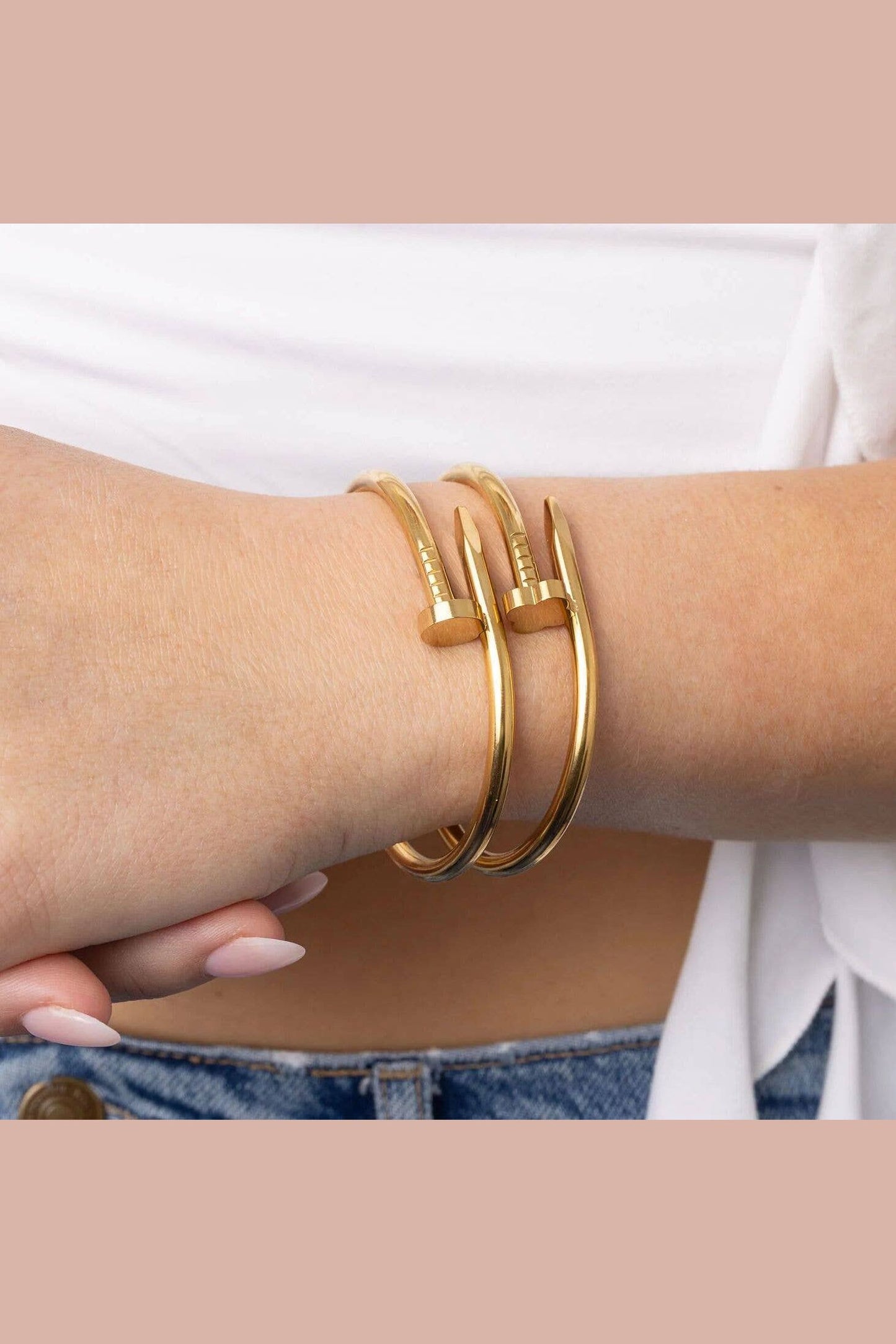 Stevie 18K Gold Plated Stainless Steel Nail Bangle, Gold (Round Nail Head)
