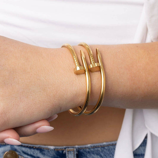Stevie 18K Gold Plated Stainless Steel Nail Bangle, Gold (Round Nail Head)