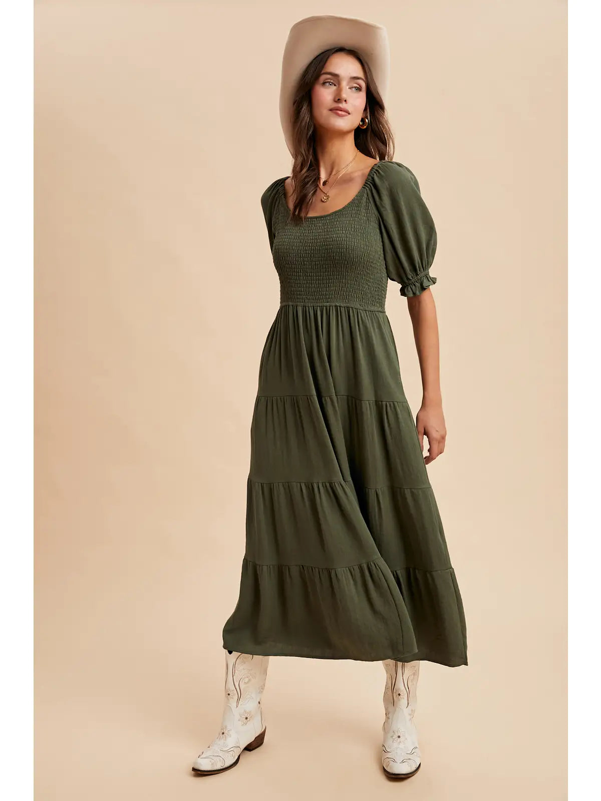 Jolene Smocked Tiered Maxi Dress, Forest Green