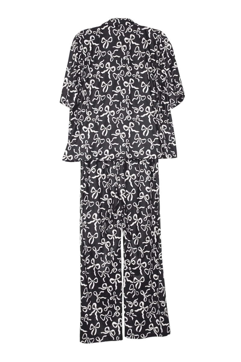 Early Mornings Bow Print Pajama Set, Black