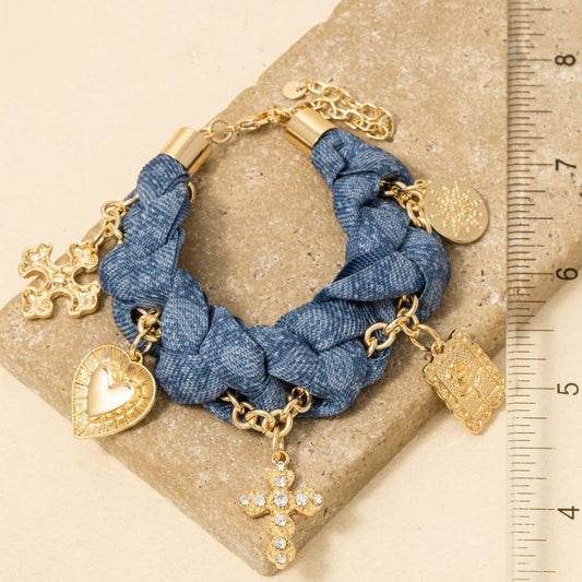 Mixed Cross And Heart Floral Charms Denim Braided Bracelet, Gold