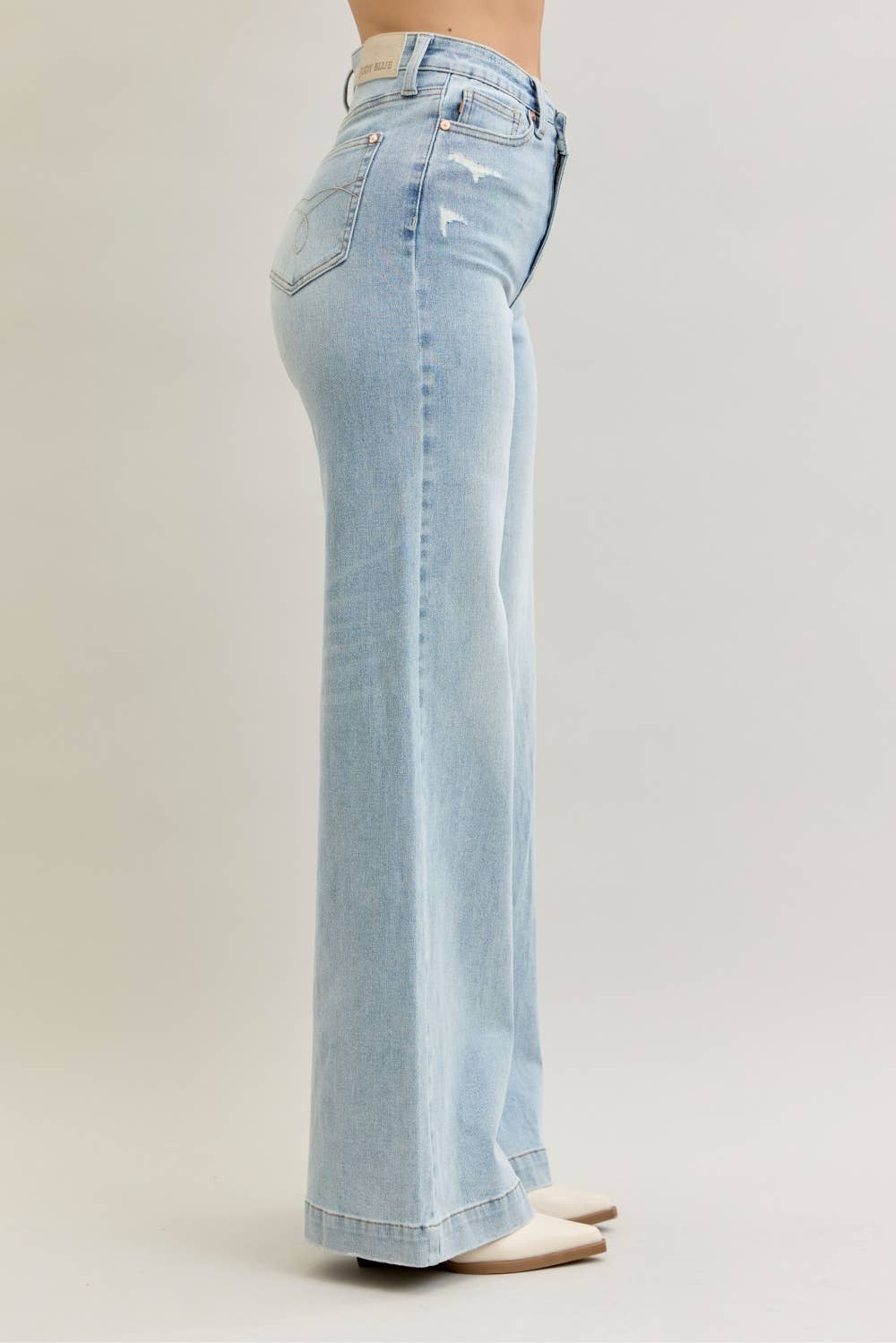 High Waisted Retro Wide Criss-Cross Waist Band Mild Destroy Judy Blue Jeans, Light Wash