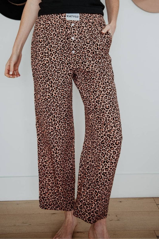 Rise and Shine Leopard Print Boxer Pajama Pants, Brown