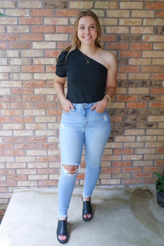 Classy Lady One Shoulder Puff Sleeve Top, Black