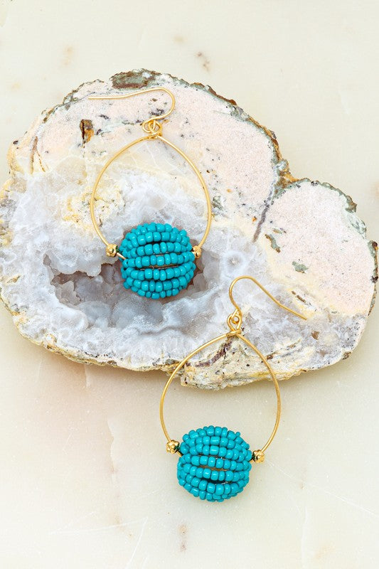 Wire Beaded Ball Hoop Earrings, Turquoise