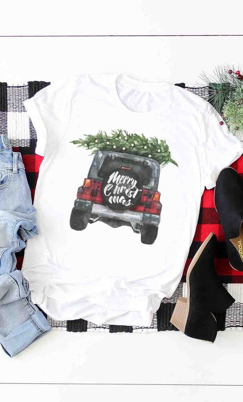 Merry Christmas Plaid Jeep Graphic Tee, White