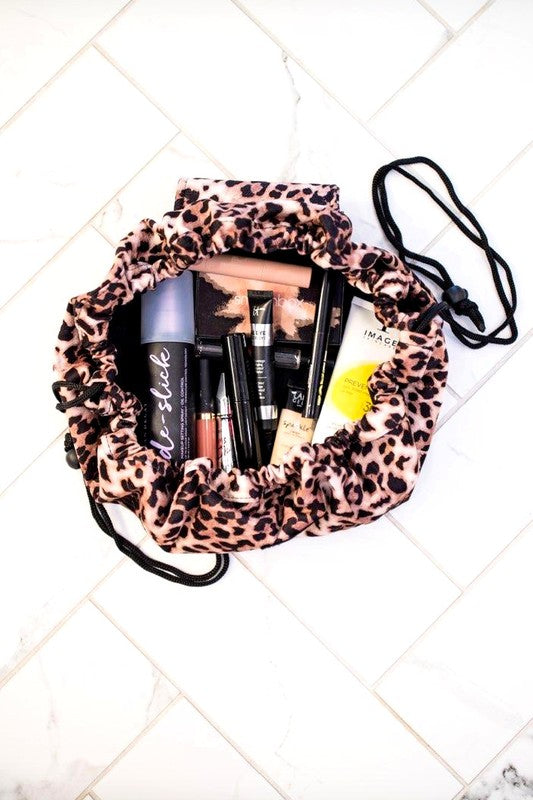 Drawstring Makeup Bag, Leopard