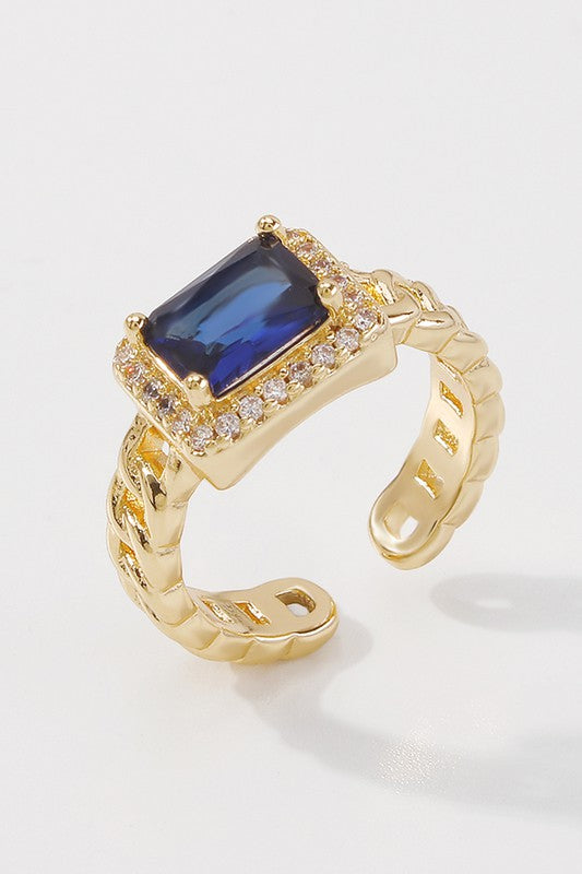 Vintage Copper Cuban Chain Large Jewel CZ Ring, Blue