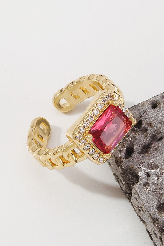 Vintage Copper Cuban Chain Large Jewel CZ Ring, Red