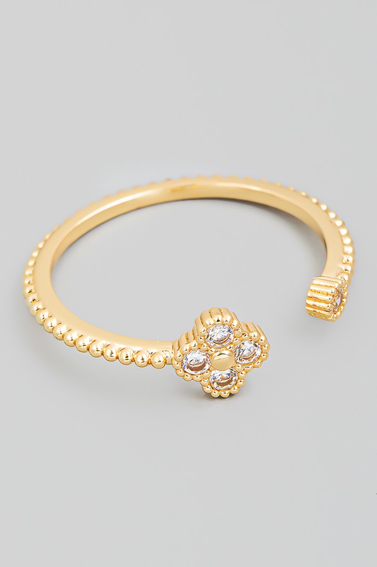 Rhinestone Clover Open Adjustable Fashion Ring, Gold