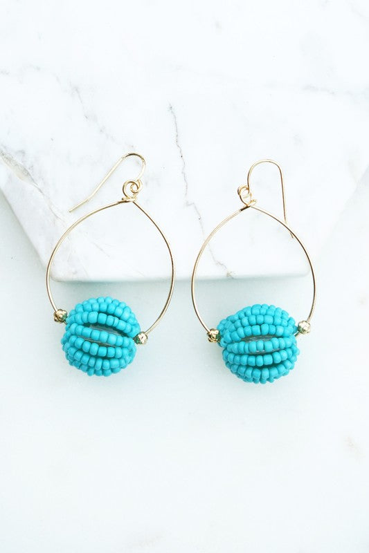 Wire Beaded Ball Hoop Earrings, Turquoise