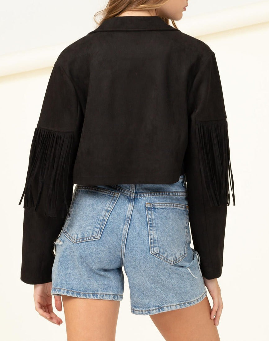 On The Fringe Cropped Suede Jacket, Black