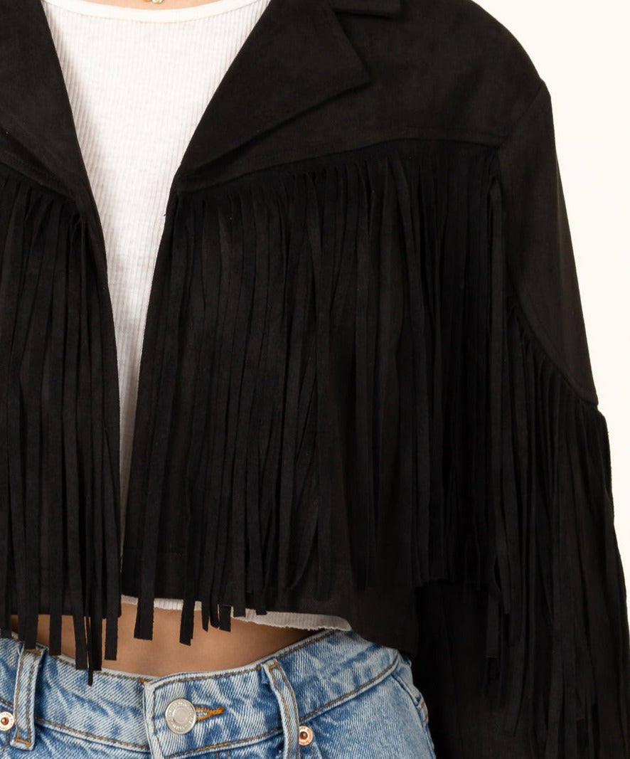 On The Fringe Cropped Suede Jacket, Black