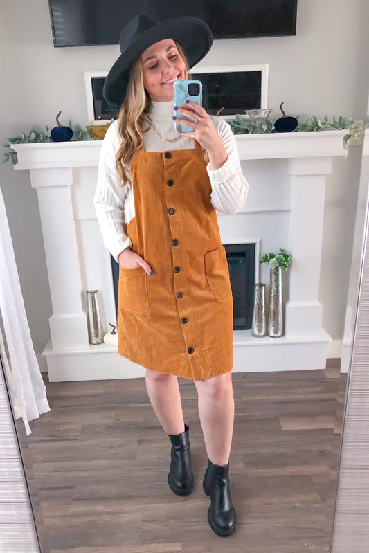 Jumping For Joy Corduroy Jumper Dress, Camel